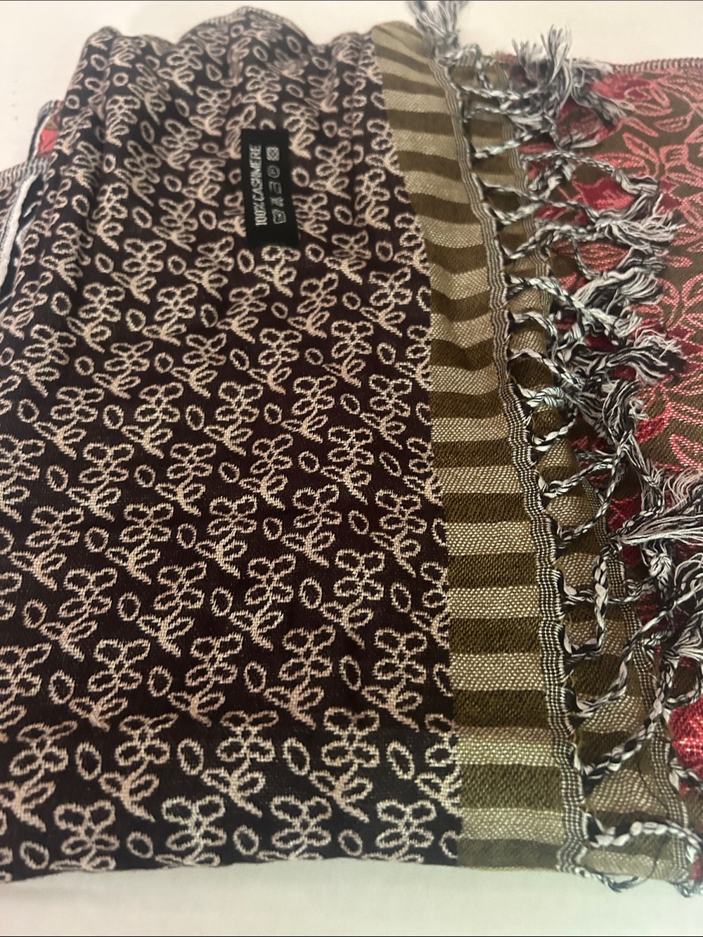 Patterned Woven Scarf in Brown, Olive & Red 22x68 100% Cashmere